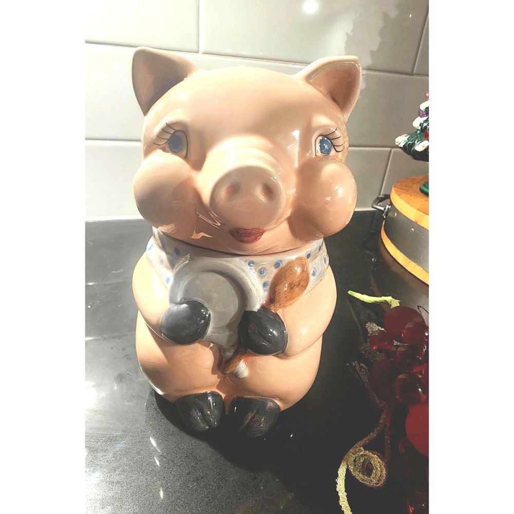 Vintage Pink Pig Cookie Jar 7in Ceramic Canister Farmhouse Kitchen Decor Pink